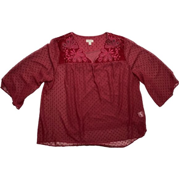 Style & Co Blouse Top Women's 3X Plus Red Eyelet-Yoke Swiss-Dot Textured Overlay - Picture 2 of 12